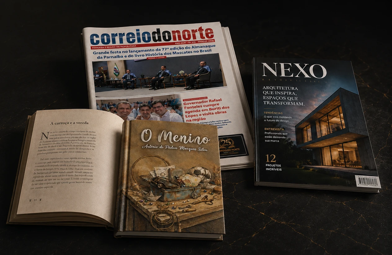 Diagramação editorial — livro O Menino, jornal Correio do Norte e revista Nexo